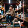Billede af en kvinde som sidder i eN bunker og læser