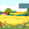 Illustration af mark og bondehus i barnlig stil